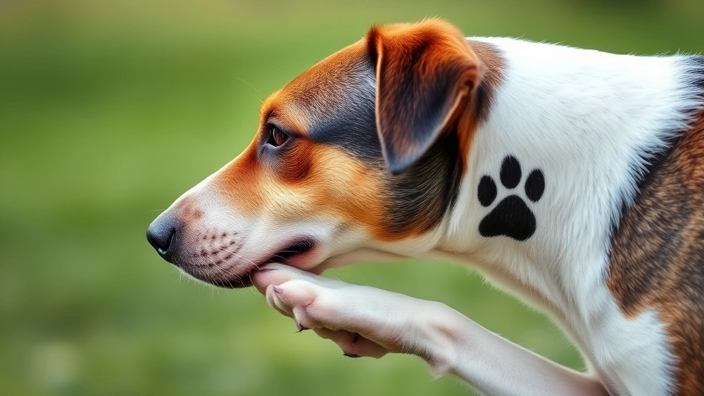 Side profile of a dog's face as she bends down to lick her front paw, blurred green background suggesting outdoor setting, natural daylight