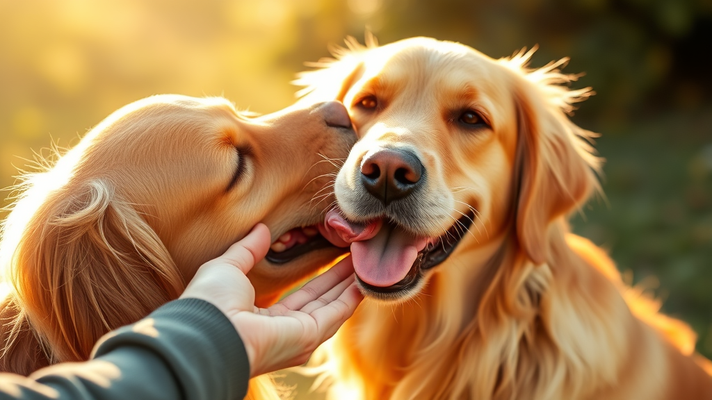 Happy golden retriever gently licking owner's hand outdoors, warm sunlight, close-up intimate moment, no text no words no letters