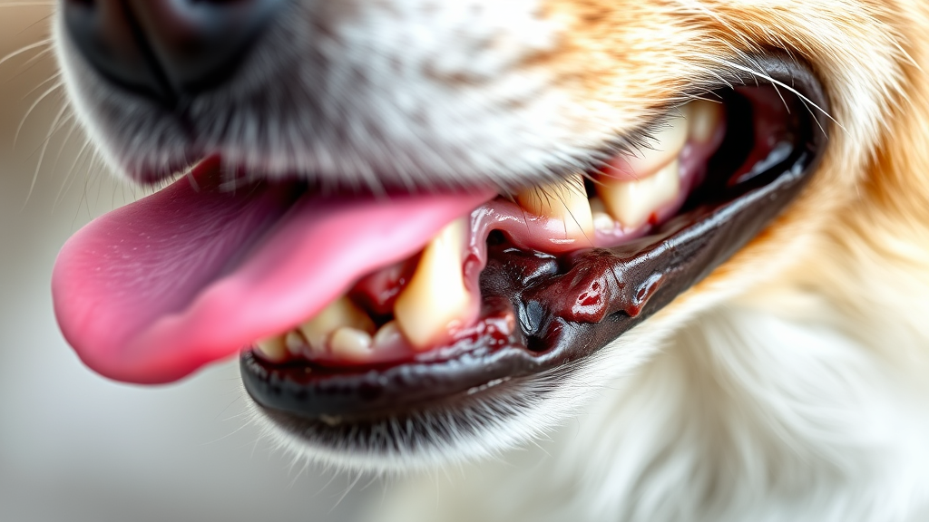 Dog's tongue and mouth close-up showing texture and detail, pink tongue, white teeth, natural lighting, no text no words no letters