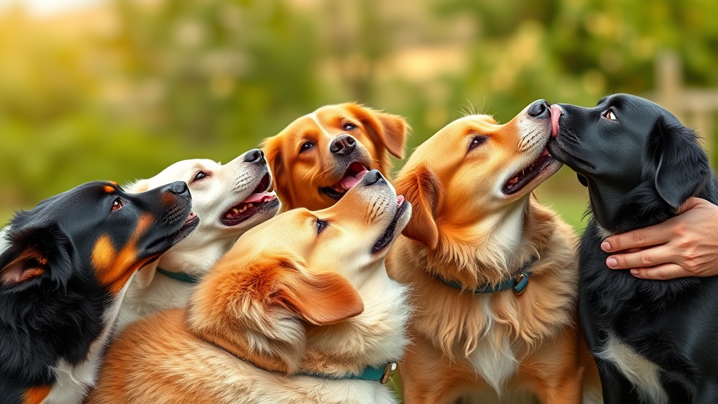 Multiple dogs of different breeds showing affectionate licking behaviors with their owners, heartwarming scene, no text no words no letters