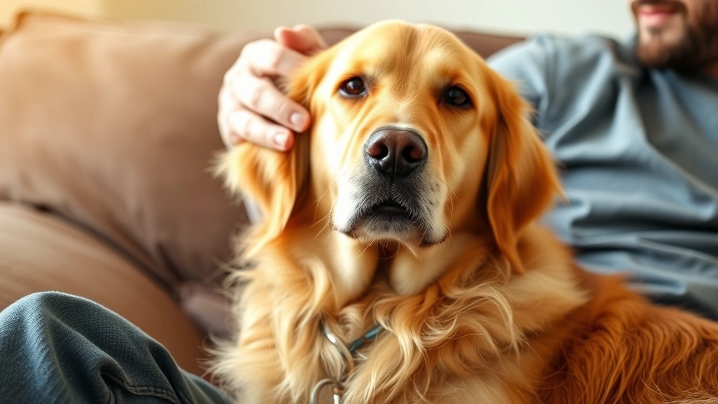 Golden retriever gently licking owner's ear while sitting on couch, close-up of dog's face showing affection, warm lighting, candid moment
