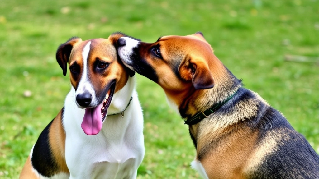 Two dogs grooming each other's ears outdoors in park setting, pack bonding behavior, natural daylight, grassy background