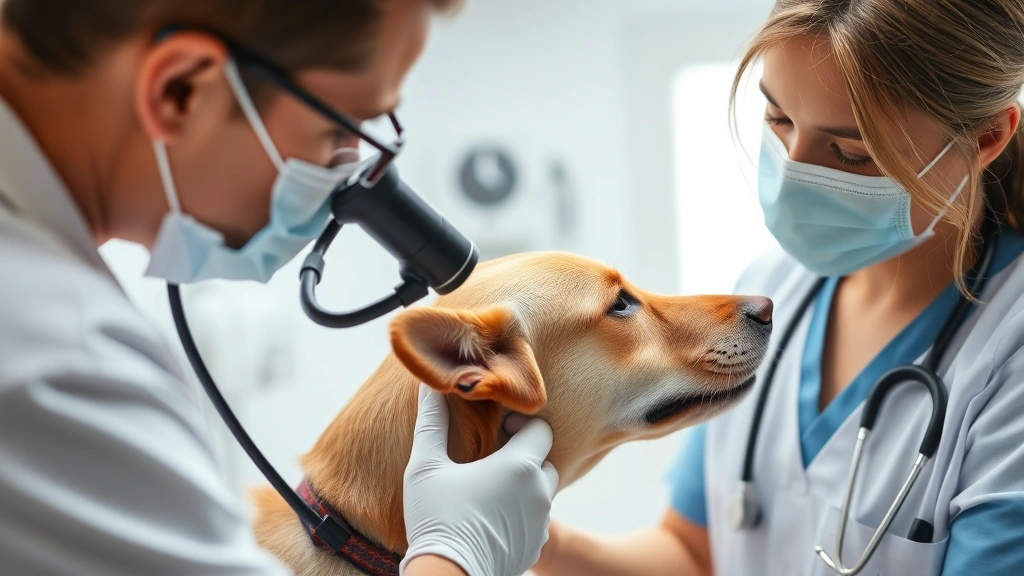 Veterinarian examining dog's ear with otoscope in bright clinic, professional medical setting, focused examination of ear canal