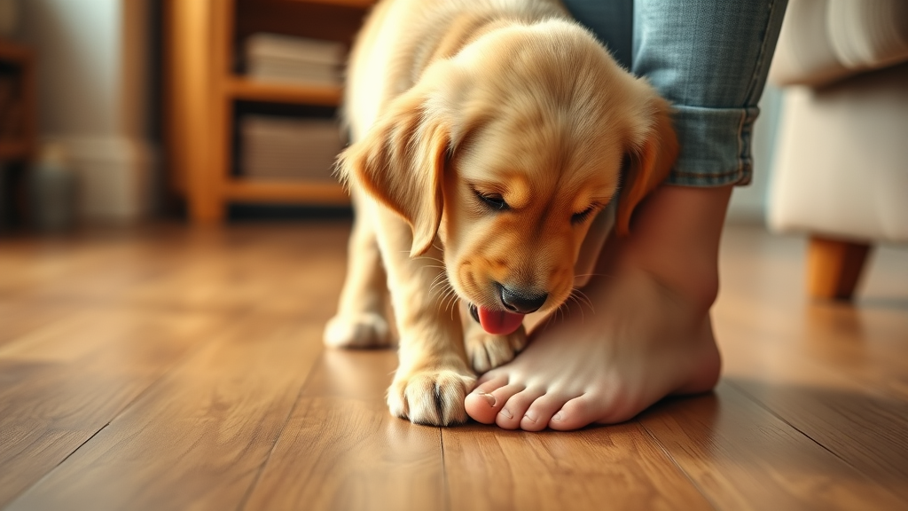 Golden retriever puppy gently licking human bare feet on wooden floor, warm lighting, cozy home setting, no text no words no letters