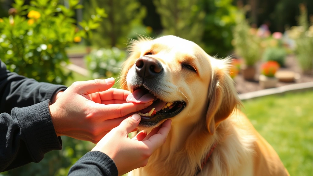 Golden retriever happily licking owner's hands during outdoor playtime, sunny garden background, joyful expression