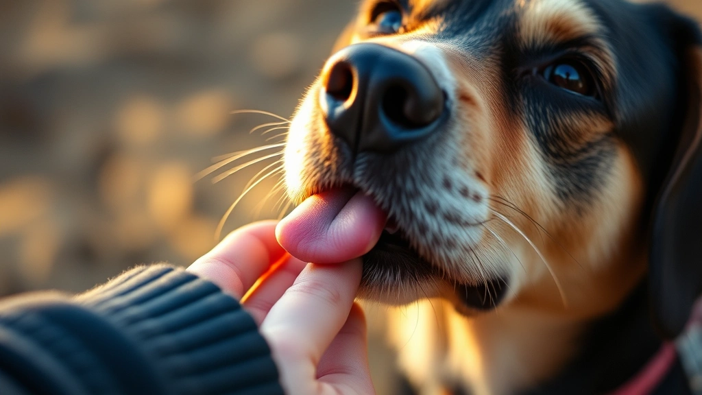 Close-up of dog's face showing gentle licking motion on human hand, warm lighting, tender moment between pet and owner