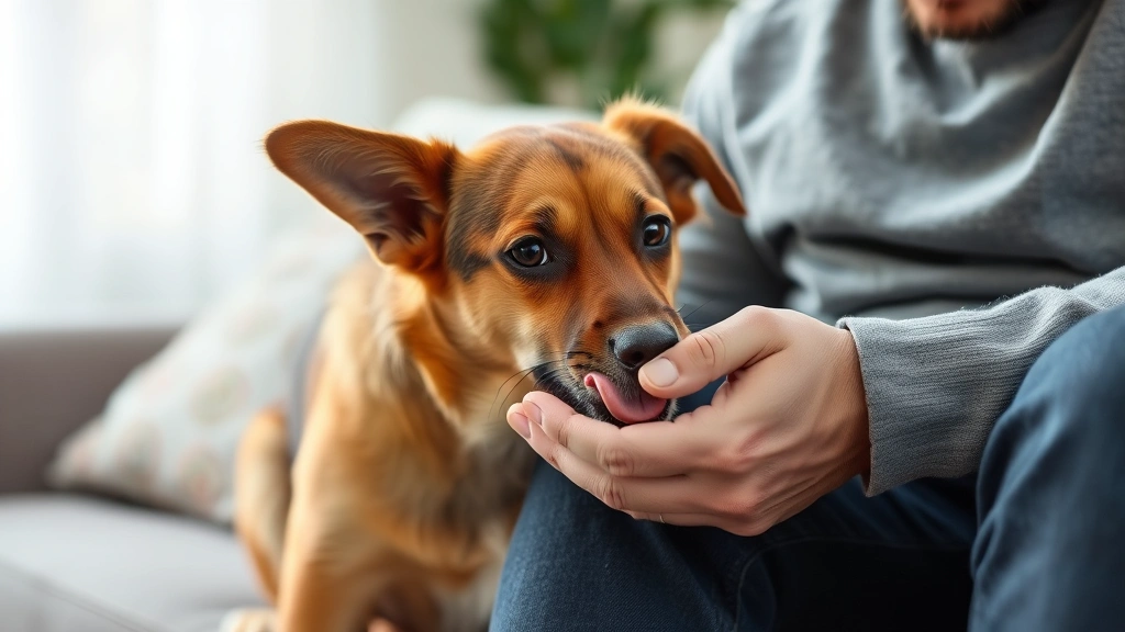 Anxious-looking dog seeking comfort by licking owner's hands while sitting on couch together, calm indoor setting