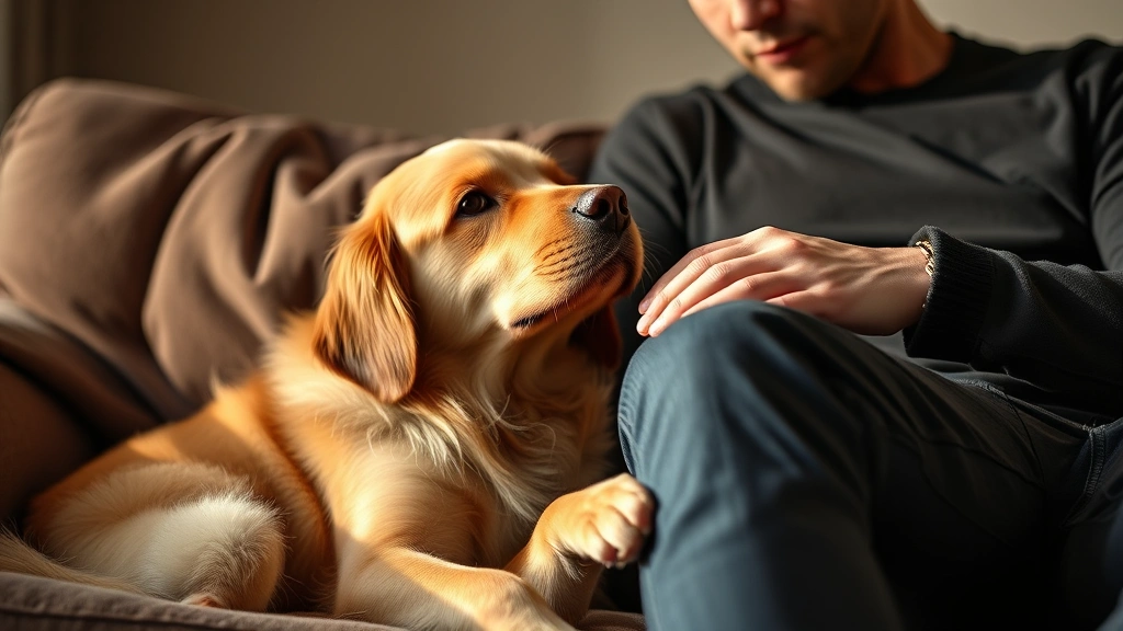 Golden Retriever sitting on couch, gently licking owner's leg, warm lighting, intimate moment showing affection and bonding