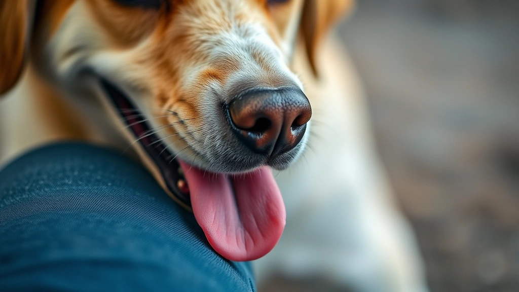Close-up of dog's tongue touching human leg, focus on the interaction, soft natural lighting, showing texture and detail