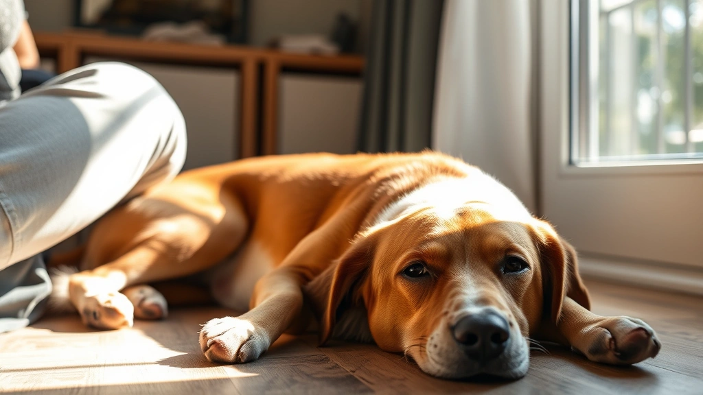 Dog lying on floor beside person's legs, relaxed body language, peaceful expression, afternoon sunlight streaming through window