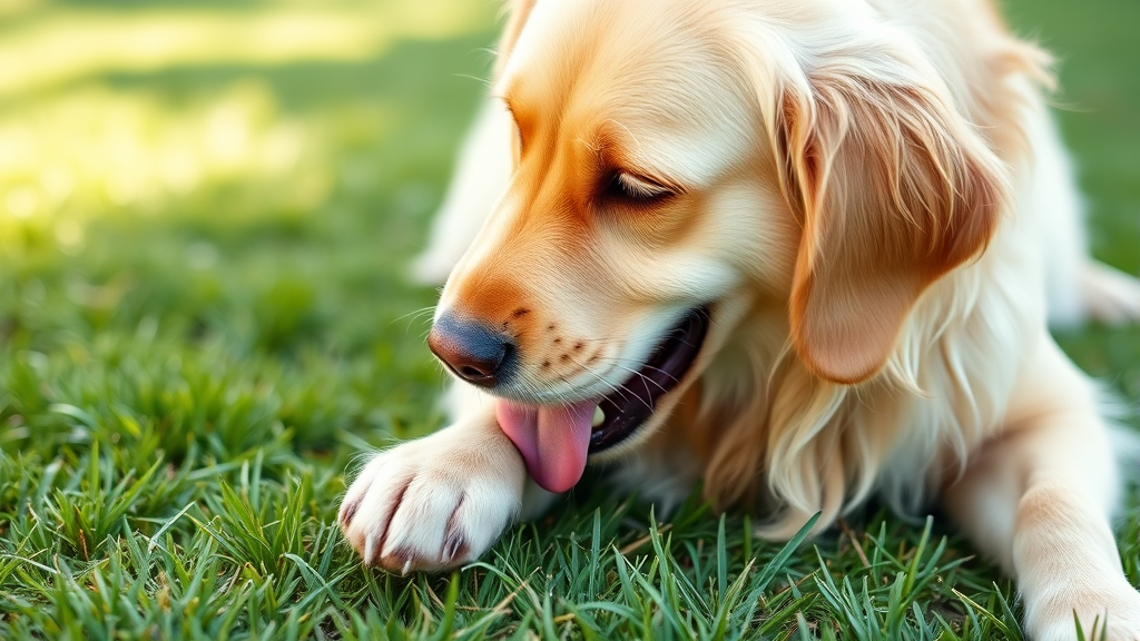 Golden retriever dog licking paw outdoors on grass, natural lighting, close up detail, no text no words no letters