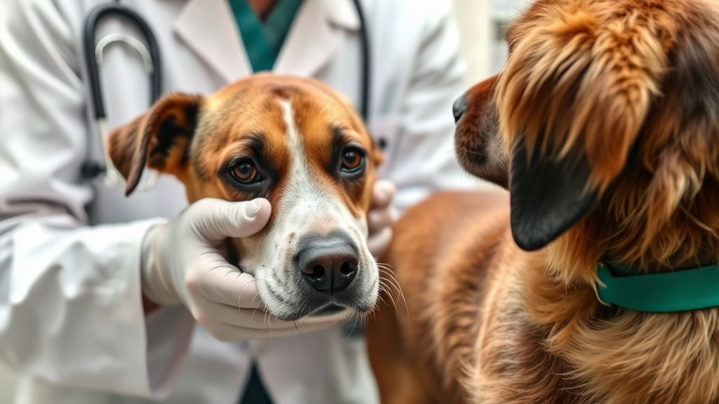 Veterinarian examining dog's skin and fur for allergies or infections in clinic setting, no text no words no letters