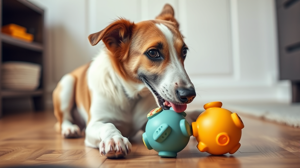 Happy dog playing with puzzle toy as mental stimulation alternative to licking behaviors, no text no words no letters