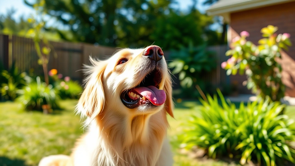 Golden Retriever standing alert with tongue slightly out in a sunny backyard, looking upward with curious expression