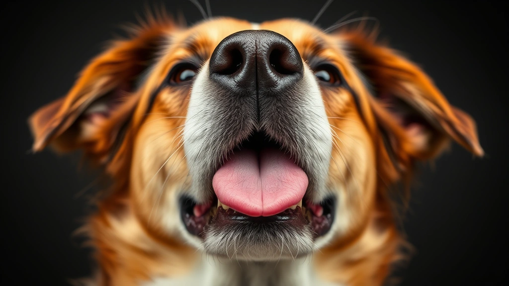 Close-up of a dog's face with tongue extended upward, catching scents in the air, photorealistic detail