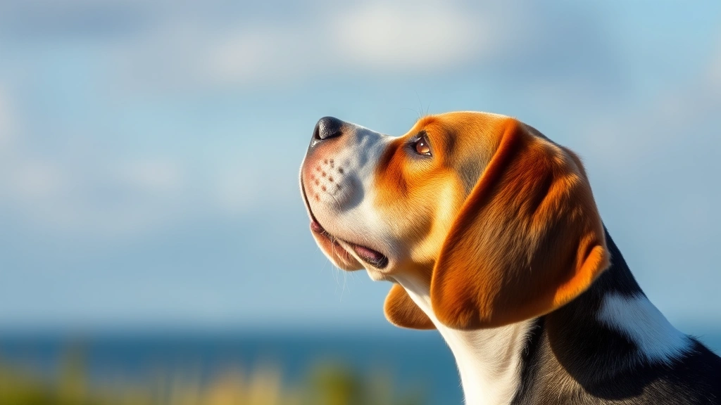 Beagle in profile with nose raised high and mouth slightly open, sniffing the air outdoors on a breezy day