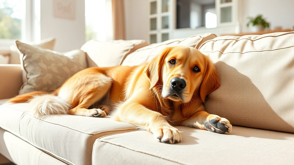 Golden retriever relaxing on a beige fabric couch in bright living room with sunlight, appearing calm and comfortable