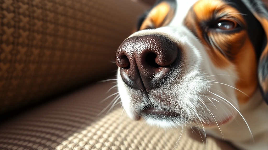 Close-up of dog's nose and mouth near textured couch fabric, showing curious sniffing behavior in natural lighting