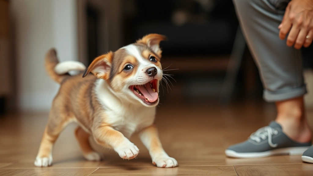 Playful puppy with mouth open mid-nibble, bouncy body language, relaxed tail, showing excitement and joy during interactive playtime with owner