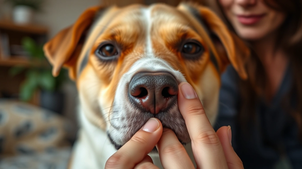 Close-up of dog's face with calm expression while gently nibbling owner's fingers, showing affectionate bonding behavior in cozy home setting