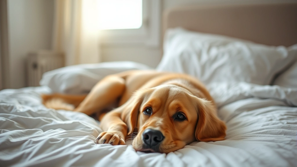 Golden retriever lying on white bed sheets looking guilty, soft natural lighting from window