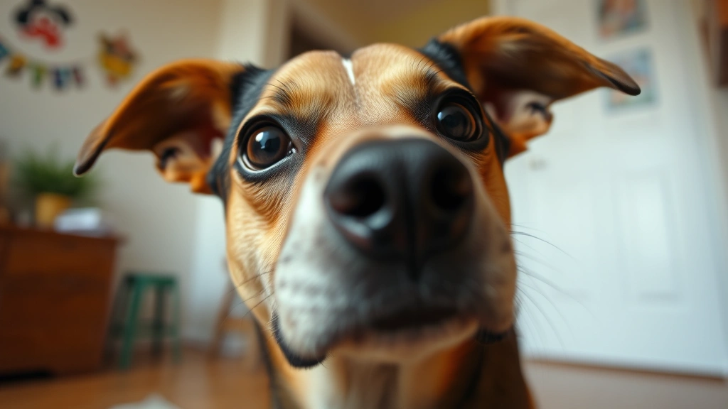 Close-up of dog's face showing anxious expression with dilated pupils, indoor home setting