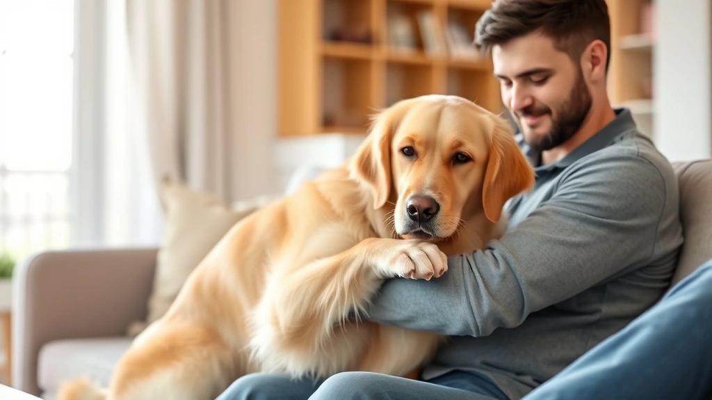 Golden Retriever gently placing paw on owner's arm while sitting together on comfortable couch in bright living room, warm lighting, soft focus background