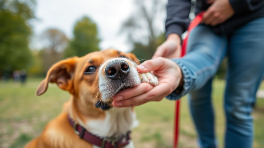 Close-up of dog's paw resting on human hand during petting session outdoors in park, showing gentle connection and trust between dog and owner