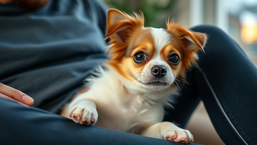 Adorable small dog with expressive eyes placing paw on owner's lap during evening bonding time, cozy indoor setting with natural window light