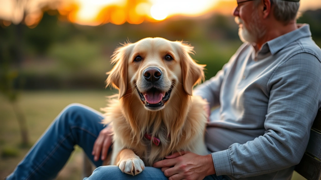 A happy golden retriever sitting contentedly on owner's lap during sunset, showing affection and bonding