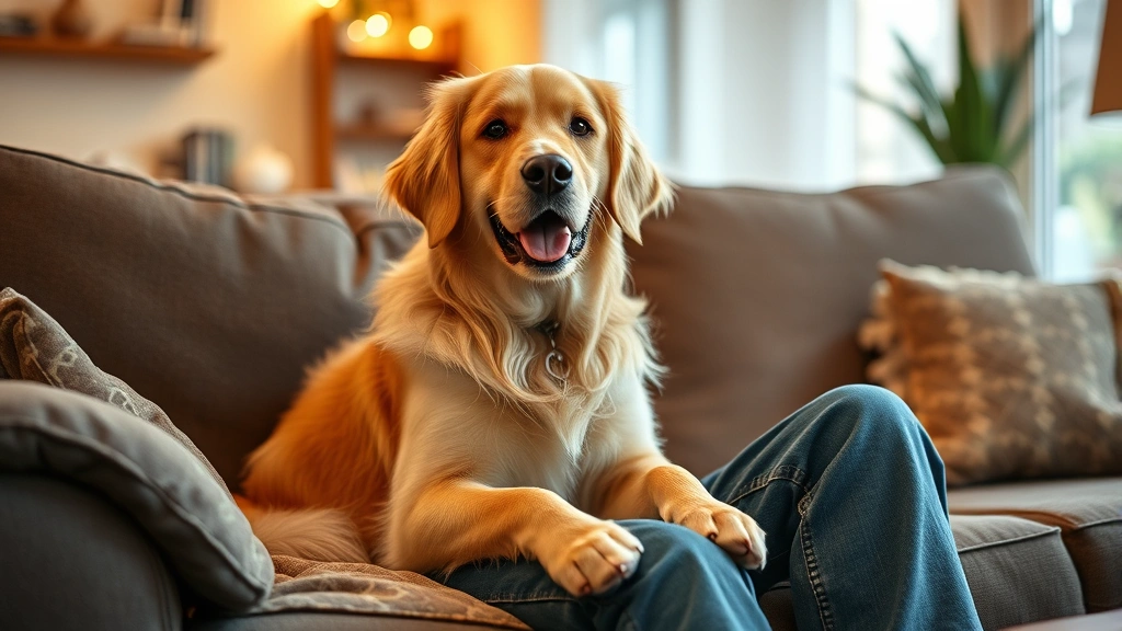 Golden retriever sitting on owner's lap on couch, cozy living room setting, warm lighting, relaxed happy dog