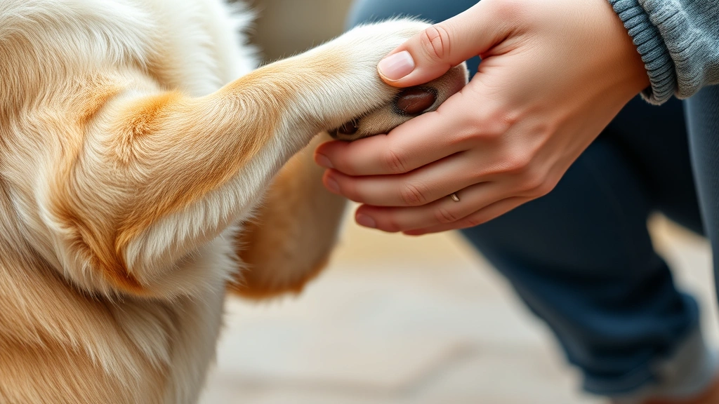Close-up of dog's paws and owner's hands showing physical connection and comfort during interaction