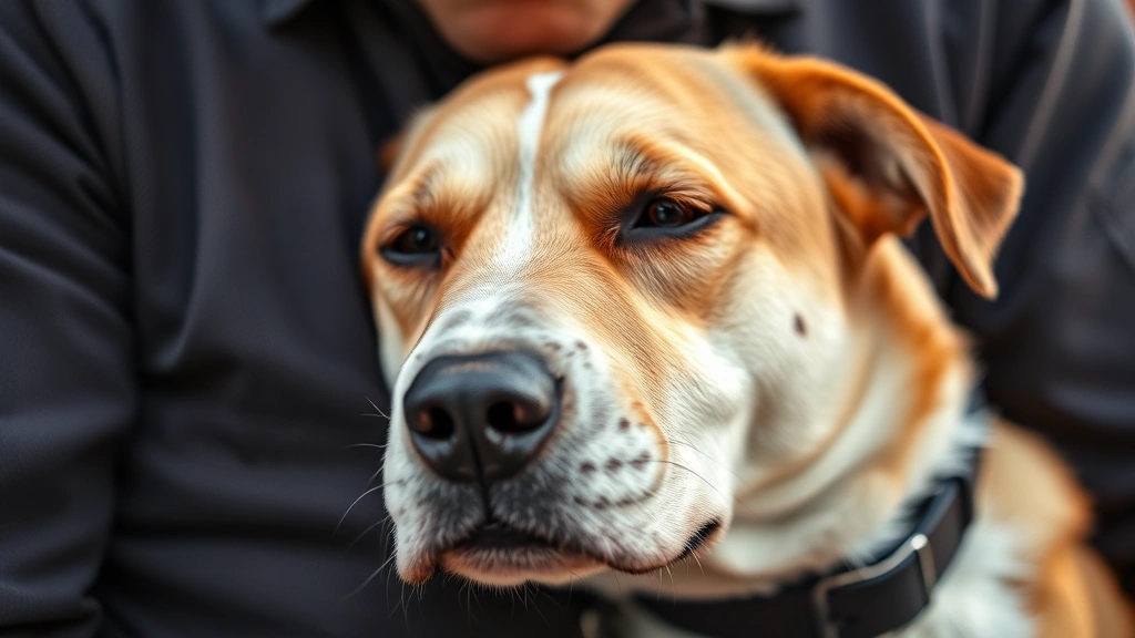 Close-up of dog's face pressed against owner's chest, showing contentment and bonding, peaceful moment together