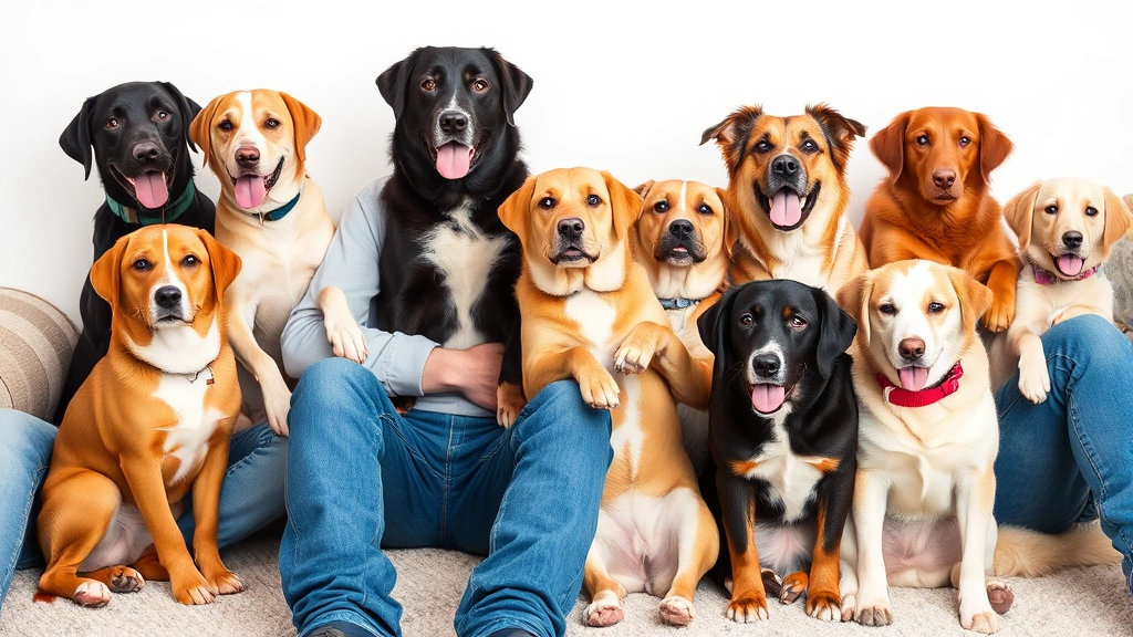 Multiple dogs of different breeds sitting or leaning on their owners in various comfortable positions, family bonding