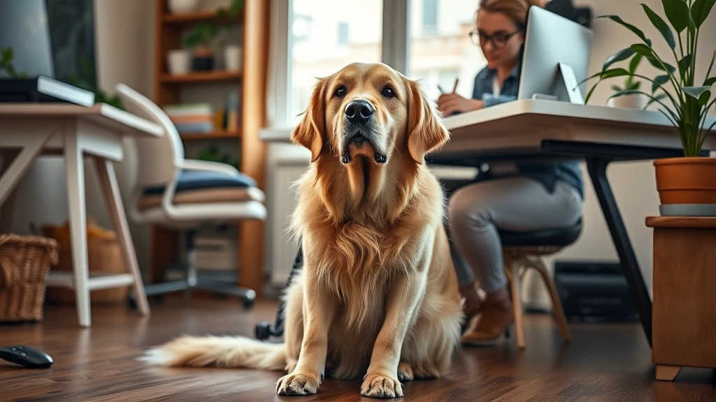 Golden Retriever sitting contentedly on owner's feet while person works at desk, warm natural lighting, cozy home setting
