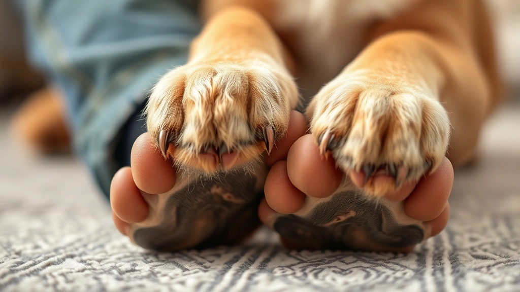 Close-up of dog's paws resting on person's feet, showing comfort and trust, soft focus background, intimate moment
