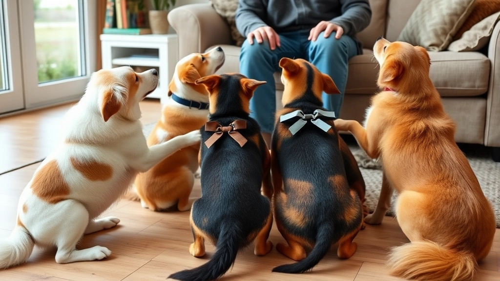 Multiple dogs competing to sit near owner's feet, playful pack behavior, indoor living room setting, candid moment