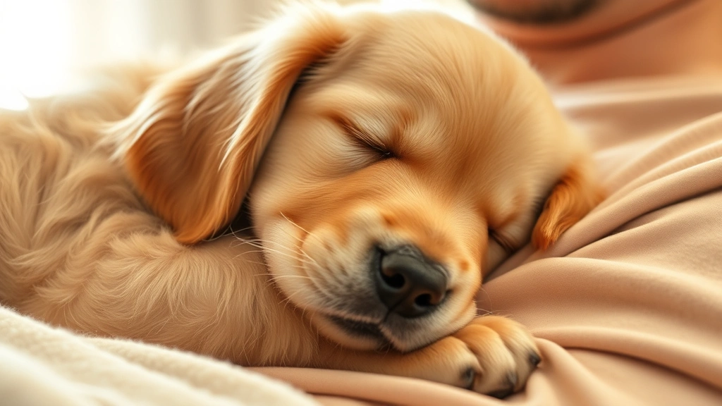 Golden Retriever puppy peacefully sleeping curled up on a person's chest, close-up of dog's face, warm cozy indoor lighting, soft bedding visible