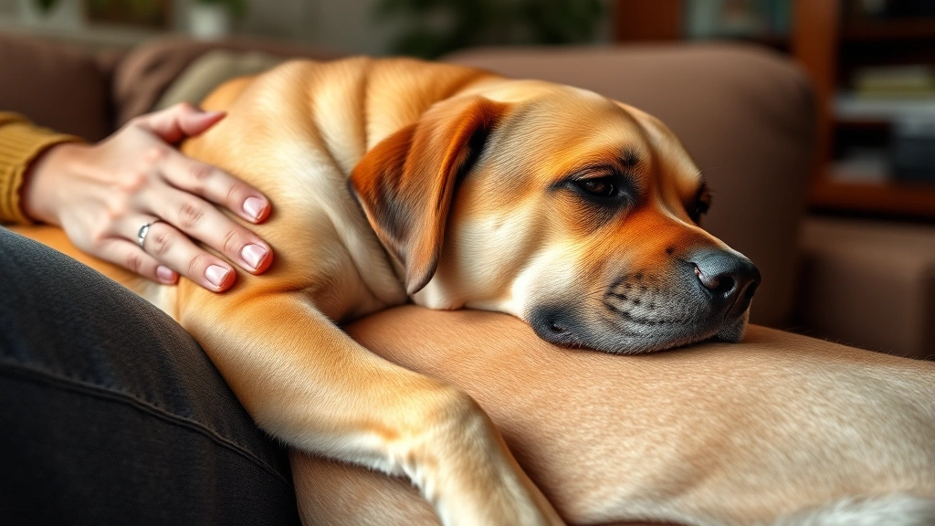 Large dog resting its head on a person's lap while sitting on couch, relaxed dog expression, warm living room atmosphere, person's hand gently on dog's back