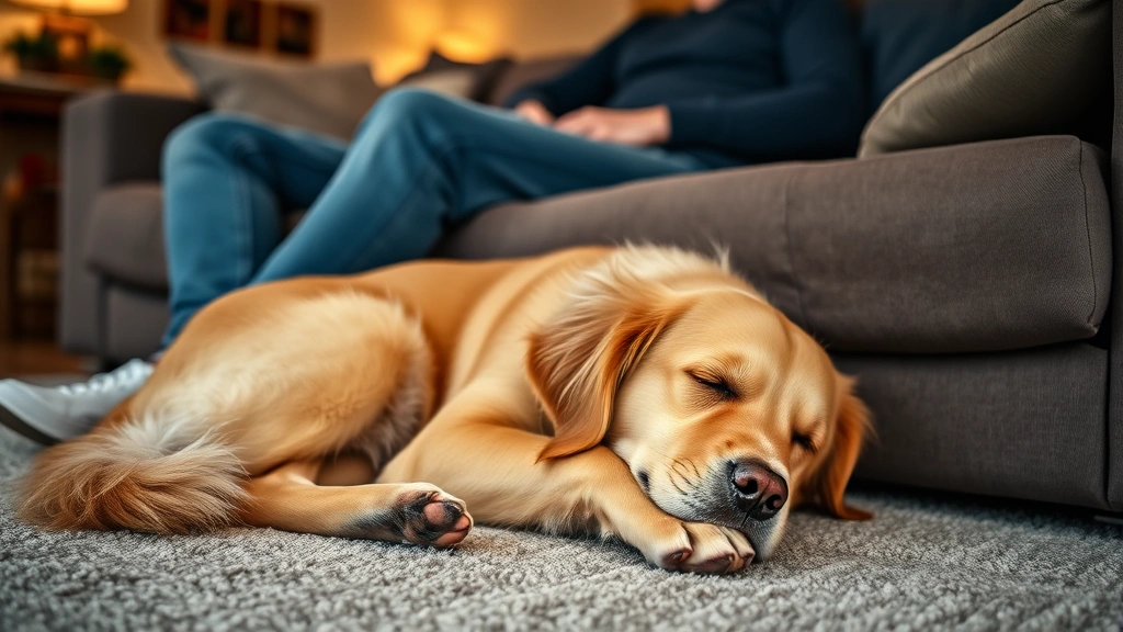 Golden Retriever sleeping peacefully on owner's feet while person sits on couch, cozy living room setting, warm lighting, relaxed atmosphere