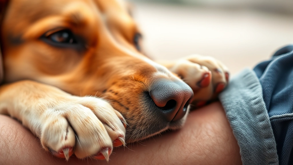 Close-up of dog's nose and paws resting on human feet, showing comfort and trust, soft focus background, intimate moment