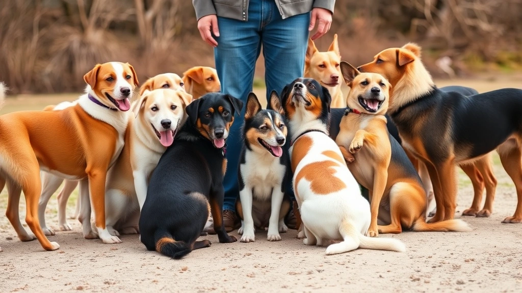 Multiple dogs of different breeds gathered around owner's feet in a pack formation, showing territorial and bonding behavior, natural daylight