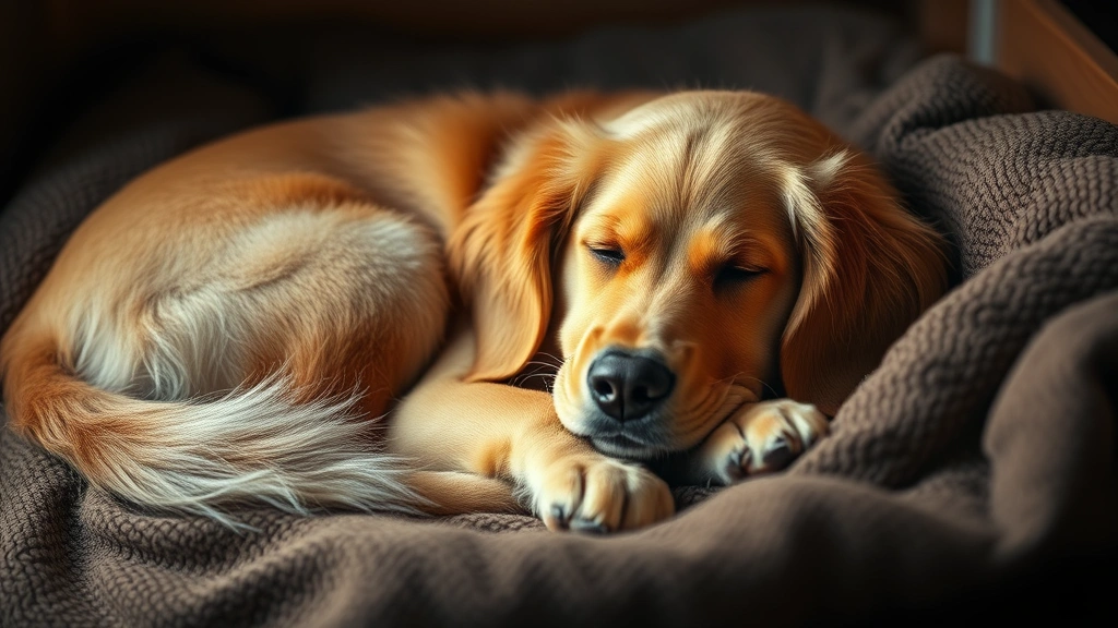 Golden retriever curled up peacefully in cozy den-like space, warm lighting, relaxed expression, comfortable sleeping position