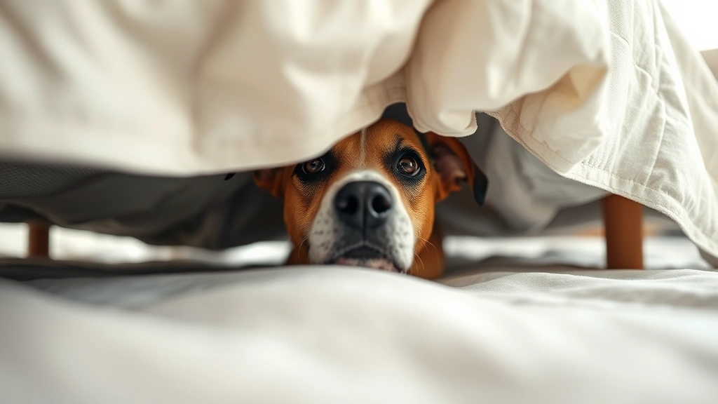 Dog peeking out from underneath bed frame, curious eyes visible, soft bedroom setting, natural daylight filtering in