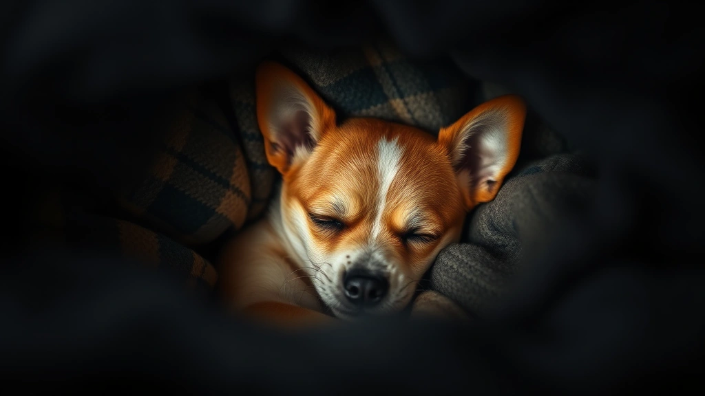 Small terrier nestled under bed with blankets, tucked away safely, dark cozy space, peaceful sleeping dog