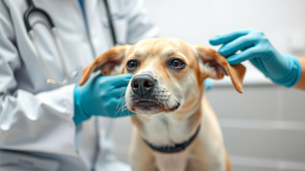 Dog being examined by veterinarian, professional medical care, clean clinic setting, no text no words no letters
