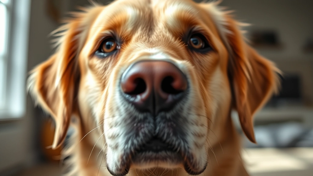 Close-up of a golden retriever's face with sad, pleading eyes looking directly at camera, indoors with soft natural lighting