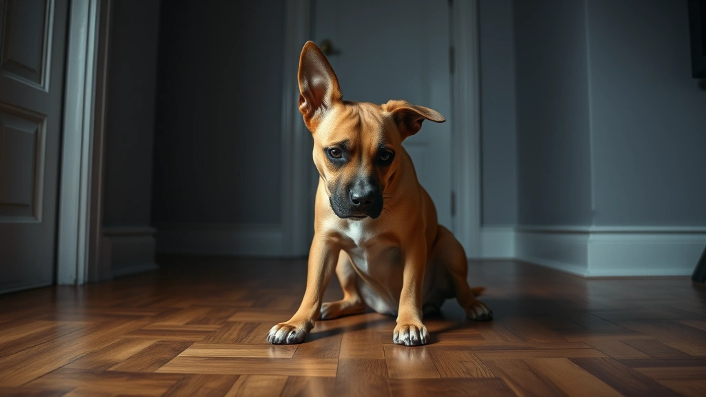 Anxious dog with ears back and tense body posture sitting alone on hardwood floor near a closed door, dramatic lighting