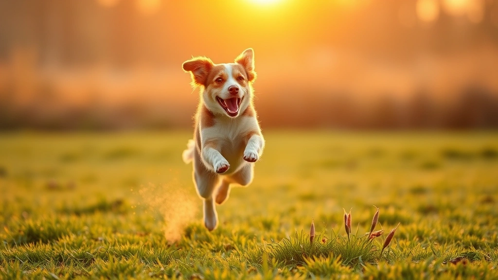 Happy dog playing fetch in a grassy outdoor field during golden hour, mid-jump with a toy in mouth, energetic and joyful expression