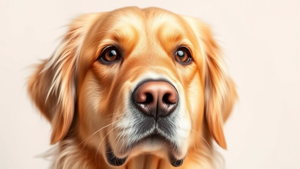 Close-up of a female golden retriever's face showing alert, healthy expression with clean fur and bright eyes against neutral background
